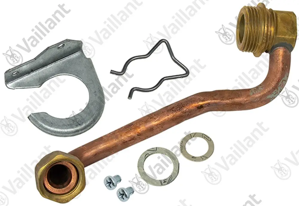 Vaillant Warmwasserrohr mit gebogenem Kupferrohr, Messinganschluss, Halterung und Montageschrauben. Zubehörteile für den Austausch oder die Installation in Heizsystemen.